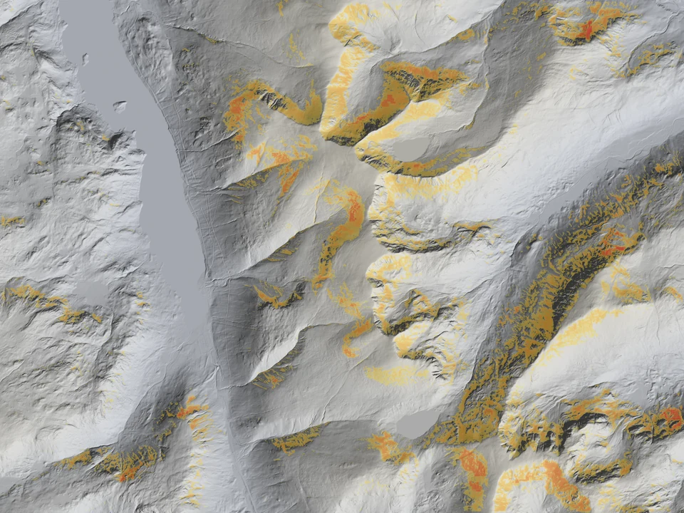 Spatial Terrain full-depth and glide model Spatial Terrain full-depth or glide instability ingredients over LiDAR terrain around Helvellyn