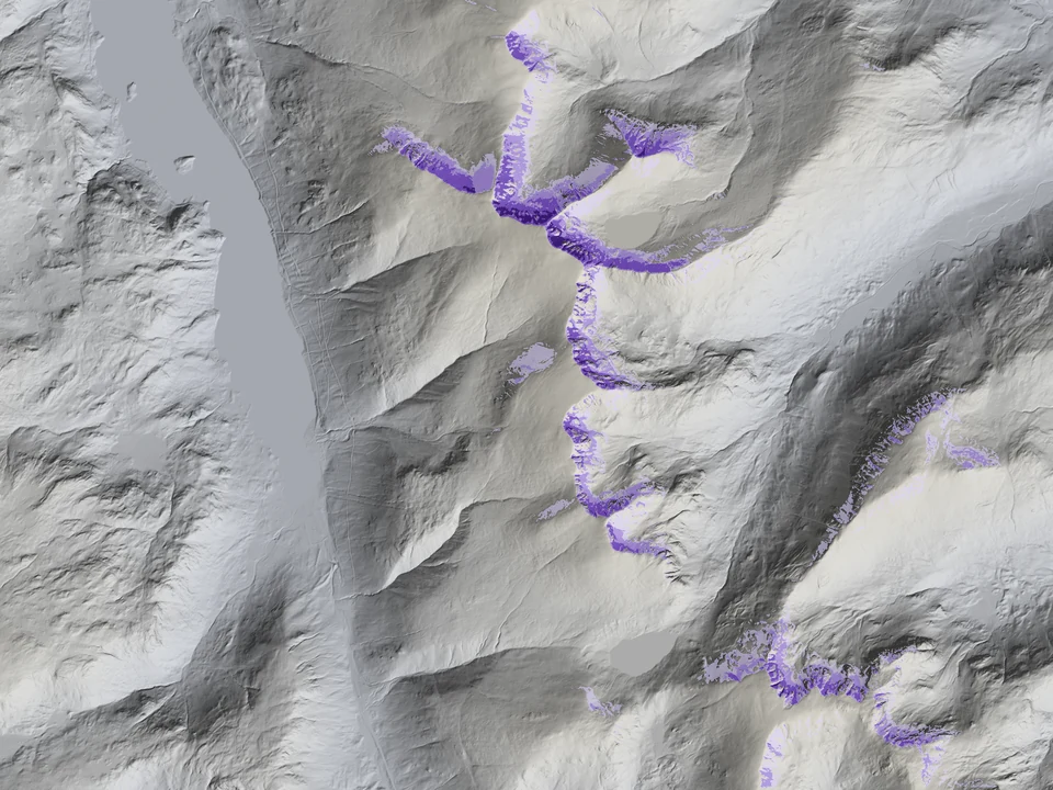 Spatial Terrain persistent weak layer model Spatial Terrain persistent weak layer plausibility over LiDAR terrain around Helvellyn
