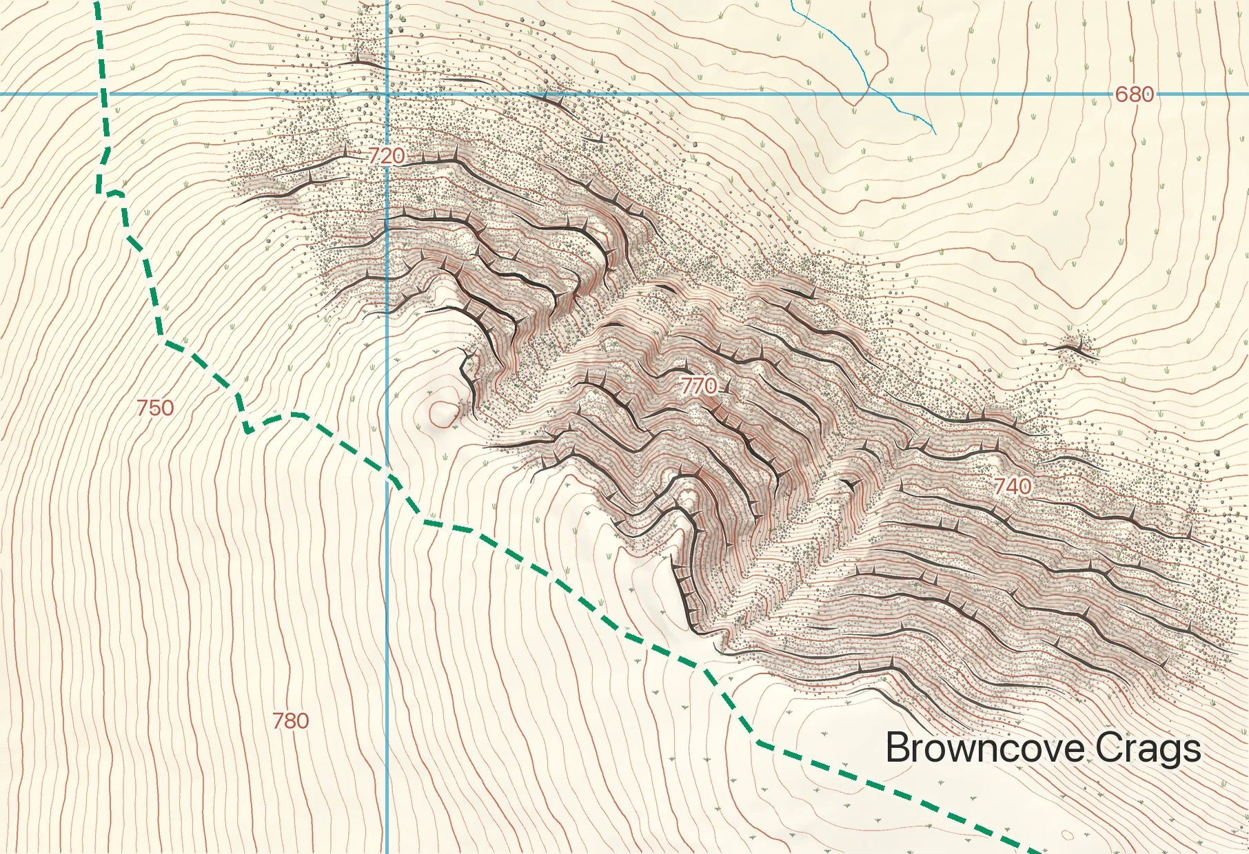 Spatial Terrain 1:5,000 Browncove Crags map showing crag ledges, gullies, scree, contours and the nearby path