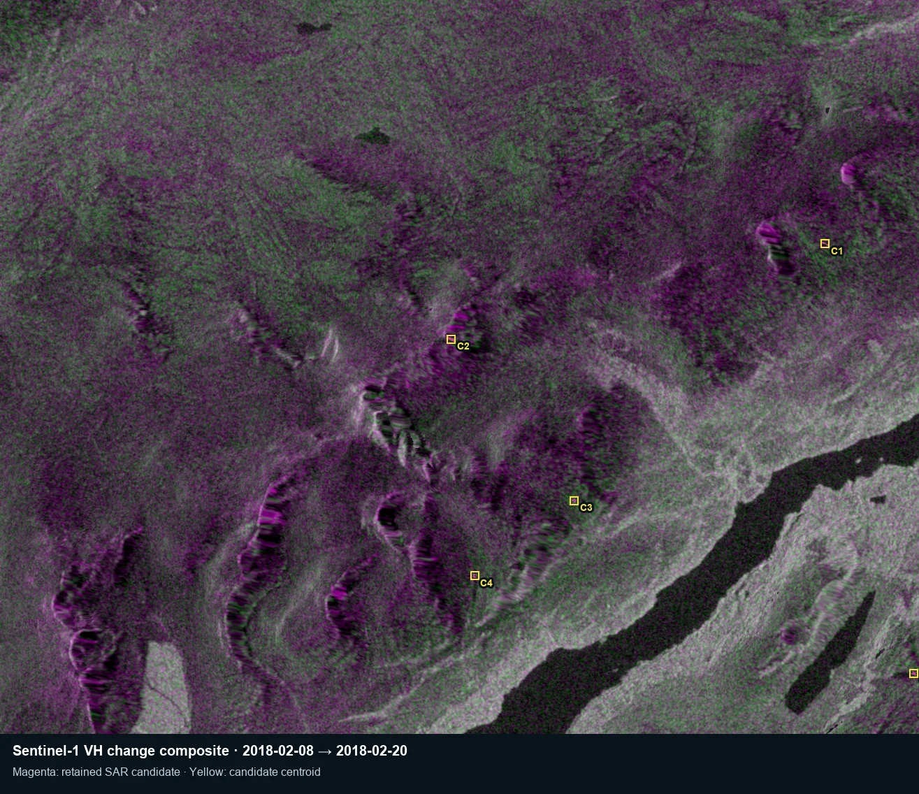 Spatial Terrain Sentinel-1 satellite radar change composite with yellow boxes marking first-pass radar changes